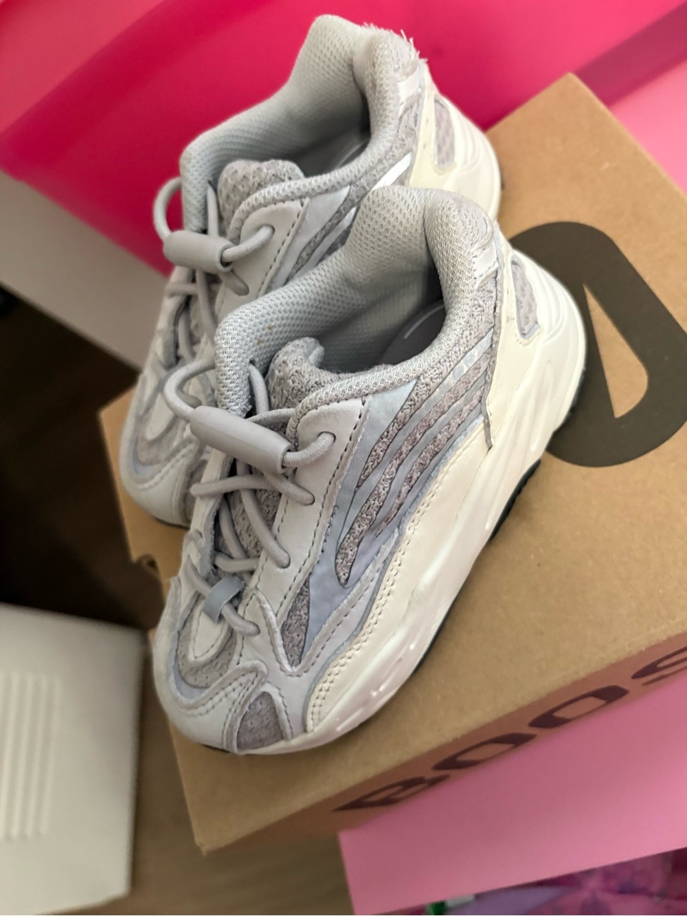 Yeezy Kids Light Gray and Cream Sneakers